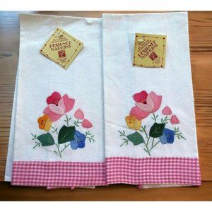 Floral Bouquet Napkins Set Pink Gingham Applique Kitchen Decor Flowers 14 x 22